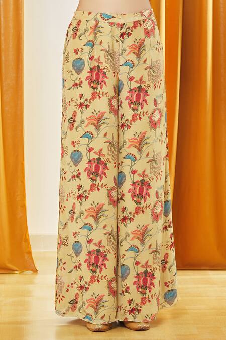 Label Shristi Chetani_Beige Net, Crepe, Taffeta Beads V-neck Printed Crop Top Flared Pant Set _Online_at_Aza_Fashions