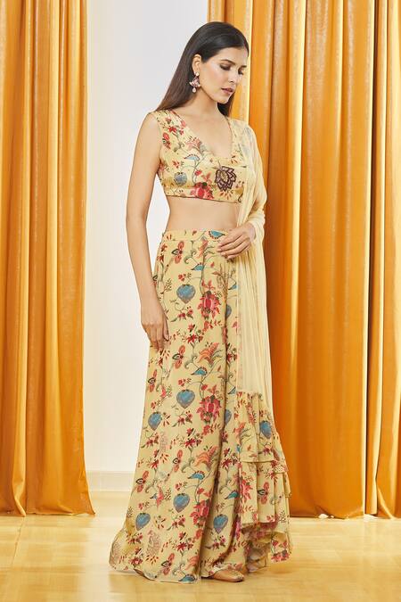 Buy_Label Shristi Chetani_Beige Net, Crepe, Taffeta Beads V-neck Printed Crop Top Flared Pant Set _Online_at_Aza_Fashions