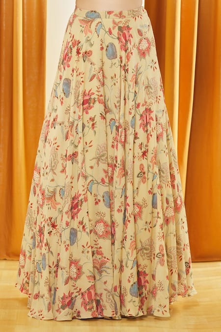 Label Shristi Chetani Beige Georgette, Taffeta, Net Embroidery V-neck Florette Print Lehenga Set Online at Aza Fashions Label Shristi Chetani_Beige Georgette, Taffeta, Net Embroidery V-neck Florette Print Lehenga Set _Online_at_Aza_Fashions