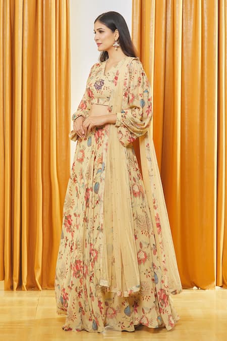 Buy Label Shristi Chetani Beige Georgette, Taffeta, Net Embroidery V-neck Florette Print Lehenga Set Online at Aza Fashions Buy_Label Shristi Chetani_Beige Georgette, Taffeta, Net Embroidery V-neck Florette Print Lehenga Set _Online_at_Aza_Fashions