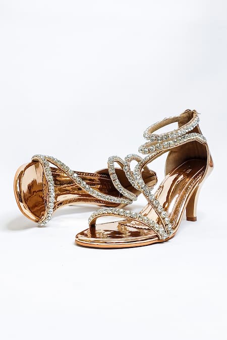 Buy_The Alter_Gold Rhinestones Serena Embellished Strappy Stilettoes _Online_at_Aza_Fashions