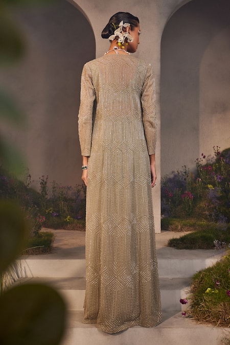 Charu And Vasundhara Leya Cutdana Embroidered Jacket Draped Skirt Set 