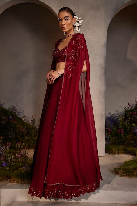 Charu and Vasundhara Maroon Cape And Skirt Organza Embroidery Cutdana Lauren Floral Applique Set