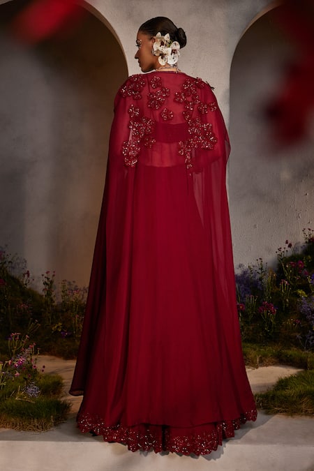Shop_Charu And Vasundhara_Maroon Silk, Organza Cut Work, Lauren Floral Applique Embroidered Cape Skirt Set _at_Aza_Fashions