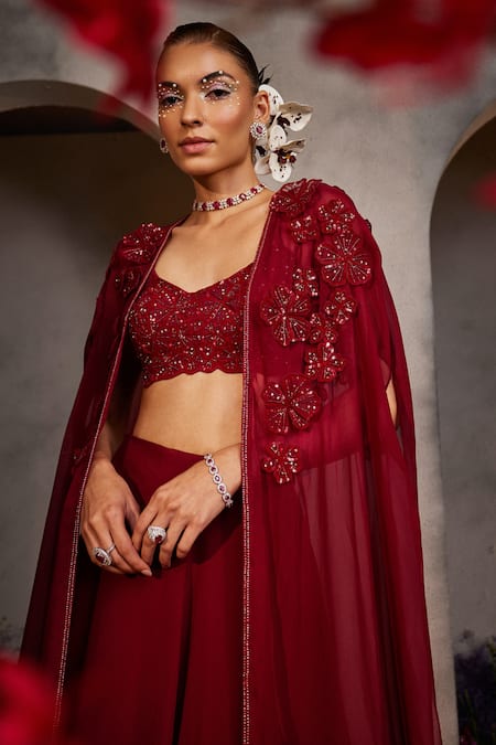 Charu And Vasundhara_Maroon Silk, Organza Cut Work, Lauren Floral Applique Embroidered Cape Skirt Set _Online_at_Aza_Fashions