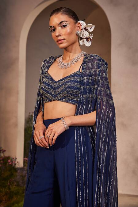Charu And Vasundhara Blue Silk, Organza Beads, Cut Work, Lexi Geometric Embellished Cape Pant Set Online at Aza Fashions Charu And Vasundhara_Blue Silk, Organza Beads, Cut Work, Lexi Geometric Embellished Cape Pant Set _Online_at_Aza_Fashions