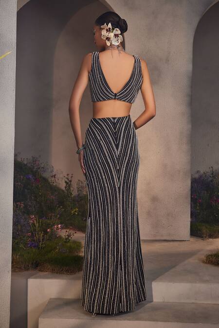 Charu And Vasundhara_Black Net, Organza Pearls, Beads, Ruffles V-neck, Open Luella Jacket Skirt Set _Online_at_Aza_Fashions