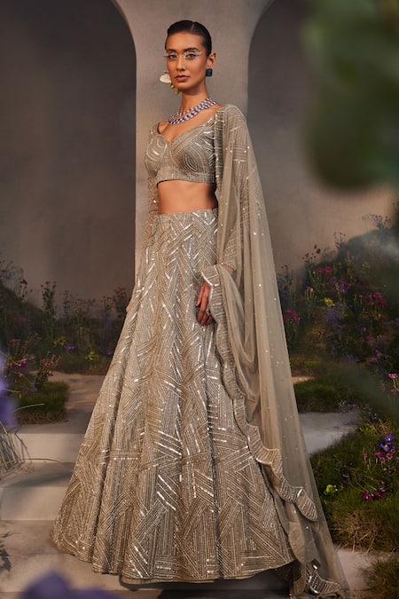 Charu And Vasundhara_Silver Net Sequins, Pearls, Stones, Beads Lilian Embroidered Bridal Lehenga Set _Online_at_Aza_Fashions