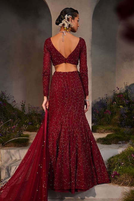 Shop_Charu And Vasundhara_Maroon Net Crystals, Applique, Beads, Cut Lucia Leaf Embroidered Lehenga Set _at_Aza_Fashions