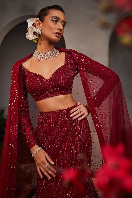 Charu And Vasundhara_Maroon Net Crystals, Applique, Beads, Cut Lucia Leaf Embroidered Lehenga Set _Online_at_Aza_Fashions