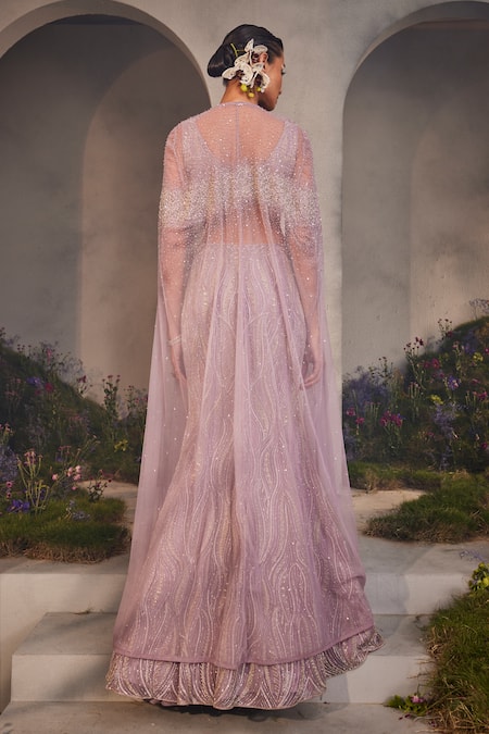 Shop_Charu And Vasundhara_Purple Net Sequins, Pearls, Cut Work Letty Bead Embroidered Lehenga Cape Set _at_Aza_Fashions