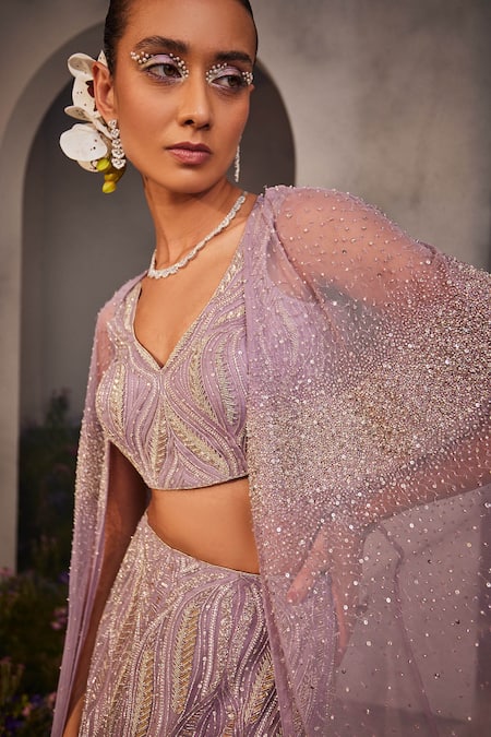 Charu And Vasundhara_Purple Net Sequins, Pearls, Cut Work Letty Bead Embroidered Lehenga Cape Set _Online_at_Aza_Fashions