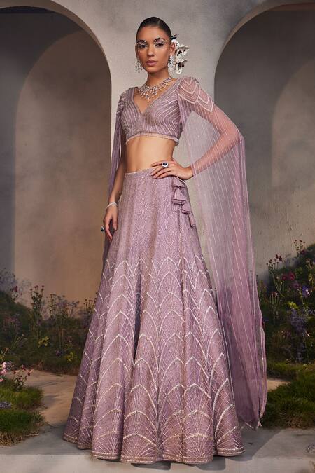 Charu And Vasundhara Purple Net Beads, Stones, Cut Work V-neck Lisa Embroidered Lehenga And Blouse Set Online at Aza Fashions Charu And Vasundhara_Purple Net Beads, Stones, Cut Work V-neck Lisa Embroidered Lehenga And Blouse Set _Online_at_Aza_Fashions