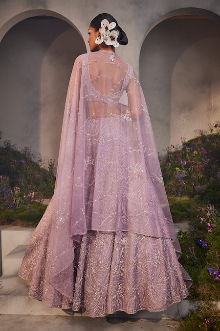 Shop_Charu And Vasundhara_Purple Net Pearls, Stones, Beads Collared Lesly Embroidered Bridal Lehenga Set _at_Aza_Fashions