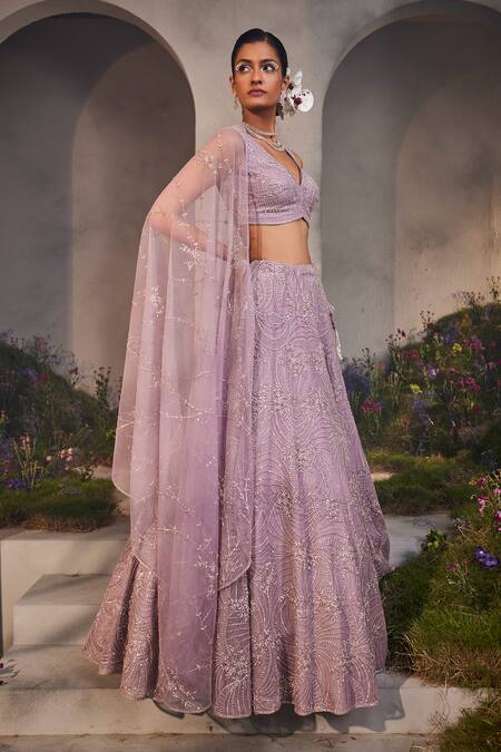 Charu And Vasundhara_Purple Net Pearls, Stones, Beads Collared Lesly Embroidered Bridal Lehenga Set _Online_at_Aza_Fashions