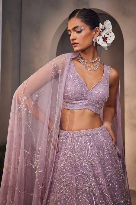 Buy_Charu And Vasundhara_Purple Net Pearls, Stones, Beads Collared Lesly Embroidered Bridal Lehenga Set _Online_at_Aza_Fashions