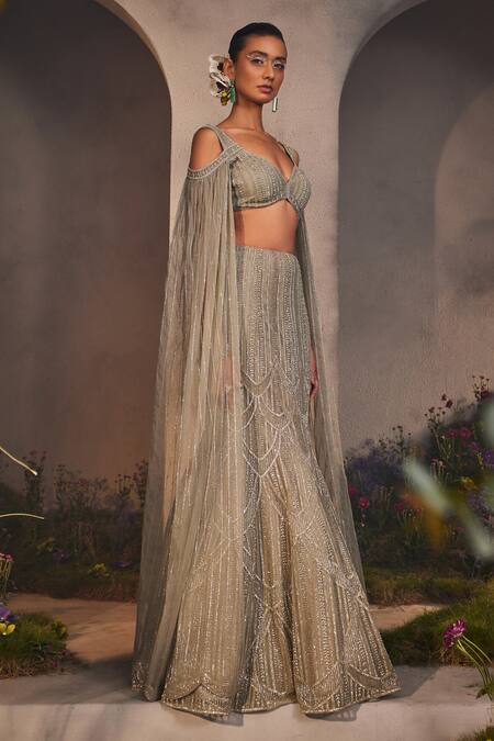 Charu And Vasundhara_Silver Net Pearls, Stones, Beads Leah Embroidered Lehenga And Blouse Set _Online_at_Aza_Fashions