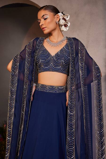 Charu And Vasundhara Blue Silk, Organza Sequins, Beads Leia Scallop Embroidered Kimono Skirt Set Online at Aza Fashions Charu And Vasundhara_Blue Silk, Organza Sequins, Beads Leia Scallop Embroidered Kimono Skirt Set _Online_at_Aza_Fashions