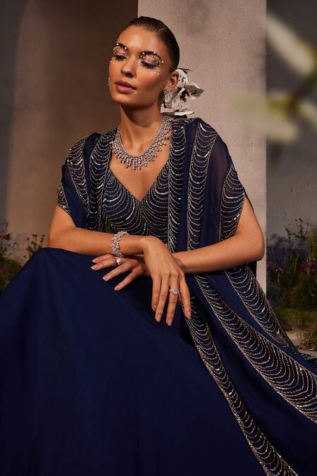 Buy Charu And Vasundhara Blue Silk, Organza Sequins, Beads Leia Scallop Embroidered Kimono Skirt Set Online at Aza Fashions Buy_Charu And Vasundhara_Blue Silk, Organza Sequins, Beads Leia Scallop Embroidered Kimono Skirt Set _Online_at_Aza_Fashions