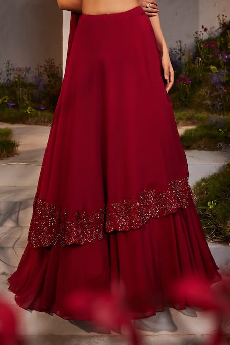 Charu And Vasundhara_Maroon Silk, Organza Sequins, Layla Applique Embroidered Blouse And Skirt Set _Online_at_Aza_Fashions
