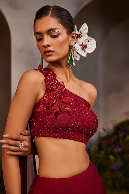 Buy_Charu And Vasundhara_Maroon Silk, Organza Sequins, Layla Applique Embroidered Blouse And Skirt Set _Online_at_Aza_Fashions