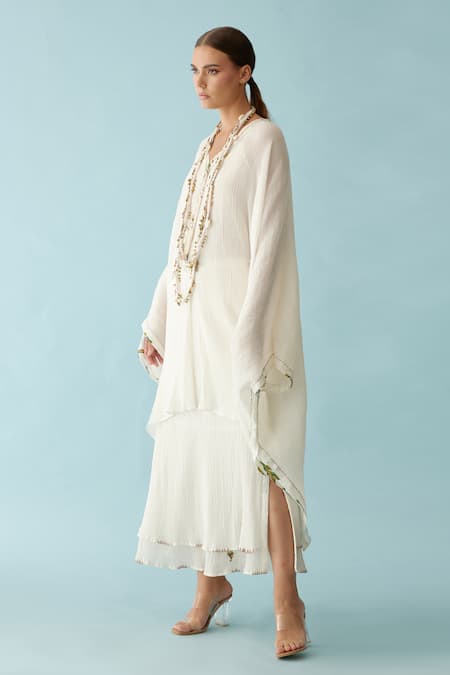 Shop Nikasha Off White V-neck Banana Tree Applique Kaftan And Skirt Set Online at Aza Fashions Shop_Nikasha_Off White V-neck Banana Tree Applique Kaftan And Skirt Set _Online_at_Aza_Fashions