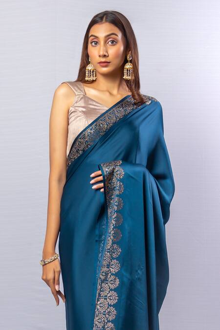 Sayisha_Blue Shantoon Crystals Florin Border Saree With Unstitched Blouse Piece_Online_at_Aza_Fashions