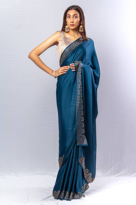 Buy_Sayisha_Blue Shantoon Crystals Florin Border Saree With Unstitched Blouse Piece_Online_at_Aza_Fashions