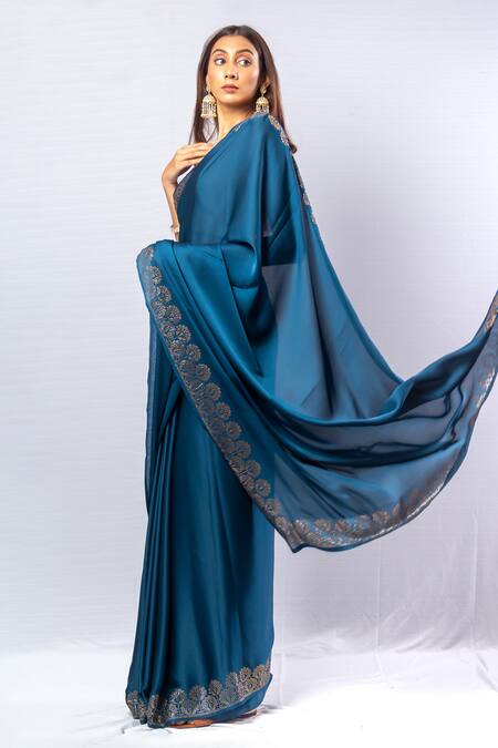 Shop_Sayisha_Blue Shantoon Crystals Florin Border Saree With Unstitched Blouse Piece_Online_at_Aza_Fashions