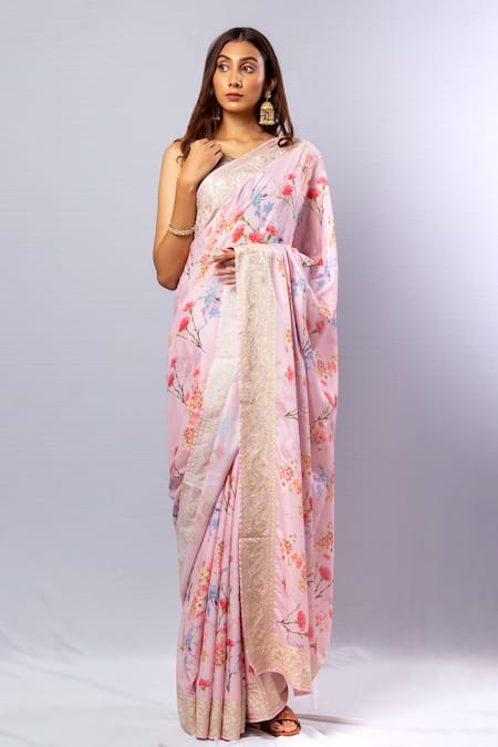 SAYISHA Peony Bloom Print Saree With Unstitched Blouse Piece 