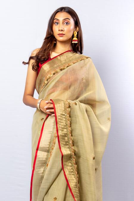 Sayisha_Green Tussar Blossom Embroidery Saree With Unstitched Blouse Piece_Online_at_Aza_Fashions