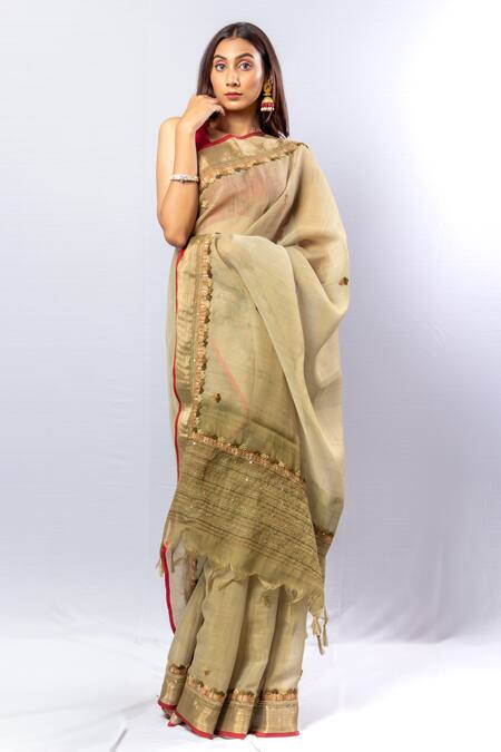 Buy_Sayisha_Green Tussar Blossom Embroidery Saree With Unstitched Blouse Piece_Online_at_Aza_Fashions