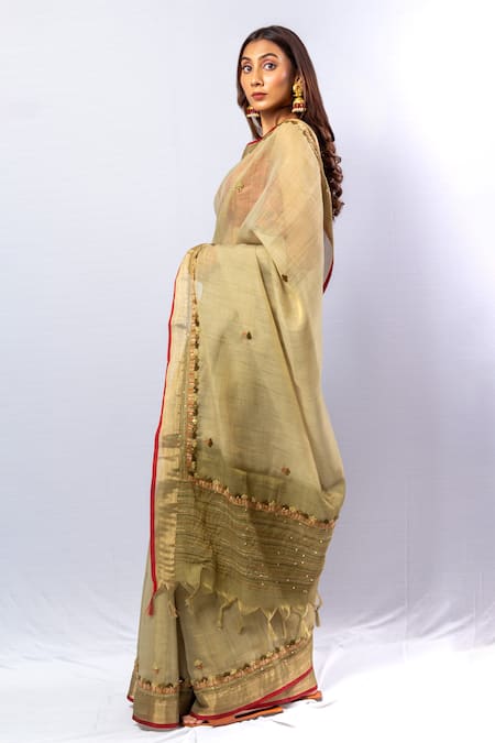 Shop_Sayisha_Green Tussar Blossom Embroidery Saree With Unstitched Blouse Piece_Online_at_Aza_Fashions