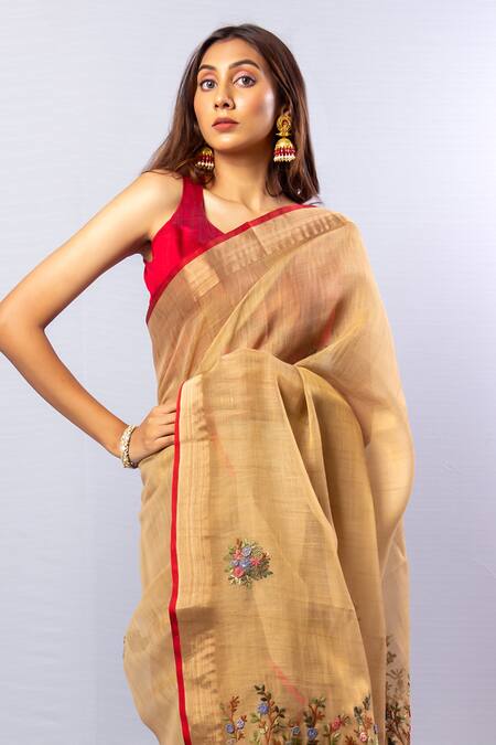 Sayisha_Gold Tussar Bloom Garden Embroidery Saree With Unstitched Blouse Piece_Online_at_Aza_Fashions