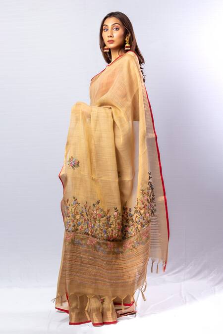 Buy_Sayisha_Gold Tussar Bloom Garden Embroidery Saree With Unstitched Blouse Piece_Online_at_Aza_Fashions