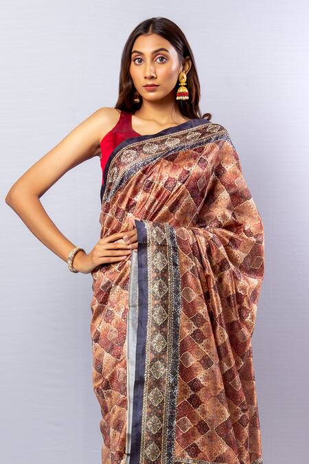 Sayisha_Brown Tussar Bloom Art Print Panelled Saree With Unstitched Blouse Piece_Online_at_Aza_Fashions