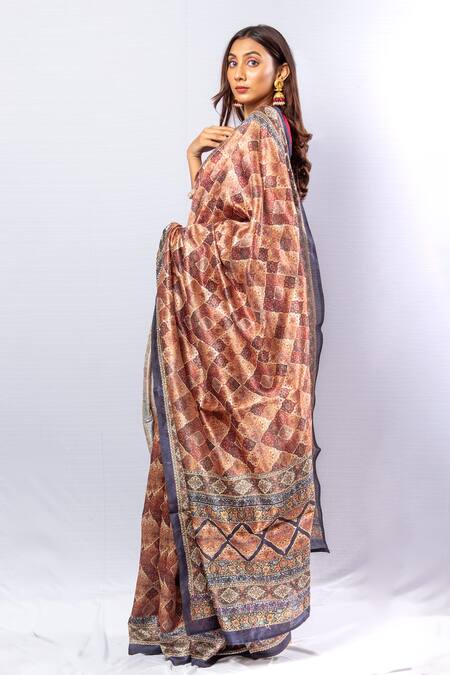 Buy_Sayisha_Brown Tussar Bloom Art Print Panelled Saree With Unstitched Blouse Piece_Online_at_Aza_Fashions