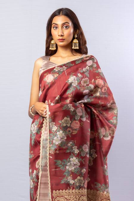 Sayisha_Maroon Tussar Petunia Bloom Print Saree With Unstitched Blouse Piece_Online_at_Aza_Fashions