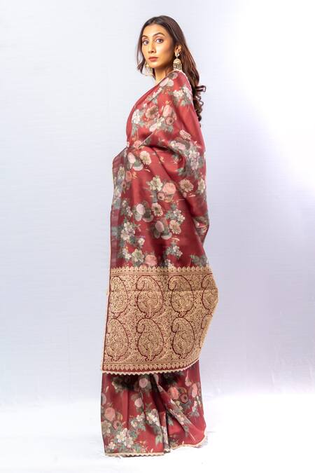 Buy_Sayisha_Maroon Tussar Petunia Bloom Print Saree With Unstitched Blouse Piece_Online_at_Aza_Fashions