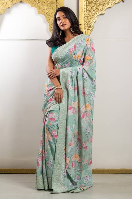 Sayisha_Green Tussar Roseate Garden Print Saree With Unstitched Blouse Piece_Online_at_Aza_Fashions