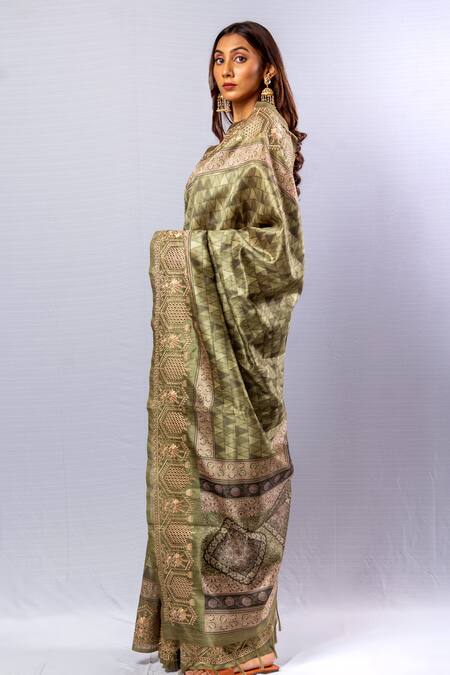 Buy_Sayisha_Green Tussar Prism Arch Print Saree With Unstitched Blouse Piece_Online_at_Aza_Fashions