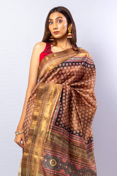 Sayisha_Brown Tussar Padma Motif Print Saree With Unstitched Blouse Piece_Online_at_Aza_Fashions