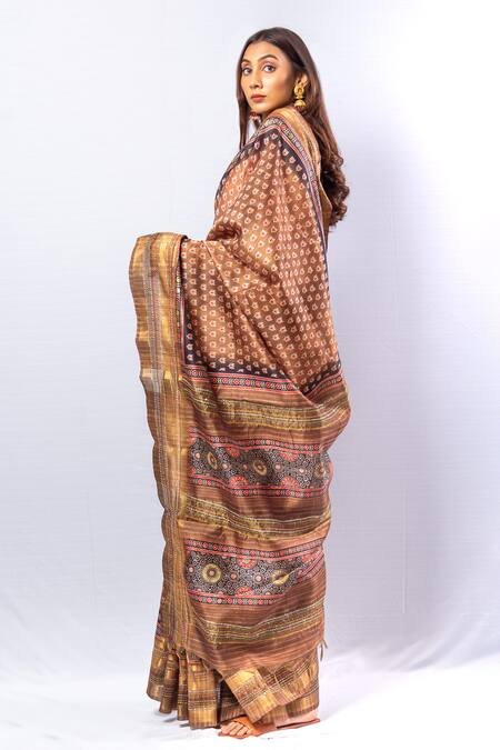 Buy_Sayisha_Brown Tussar Padma Motif Print Saree With Unstitched Blouse Piece_Online_at_Aza_Fashions