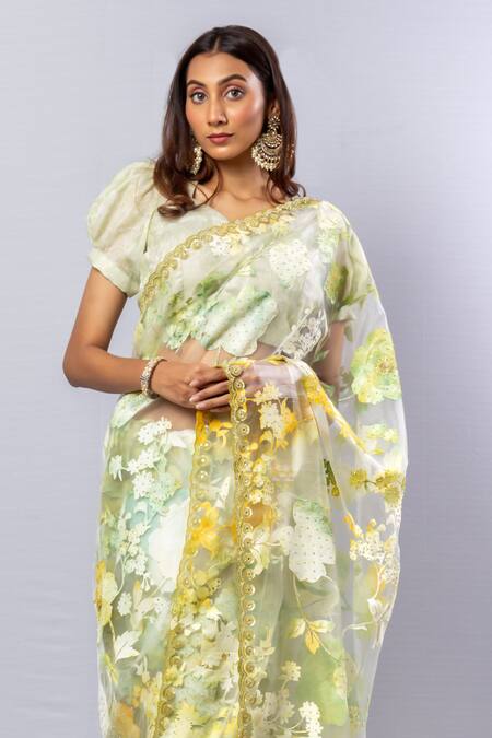 Sayisha_Yellow Organza Daffodil Embroidery Saree With Unstitched Blouse Piece_Online_at_Aza_Fashions
