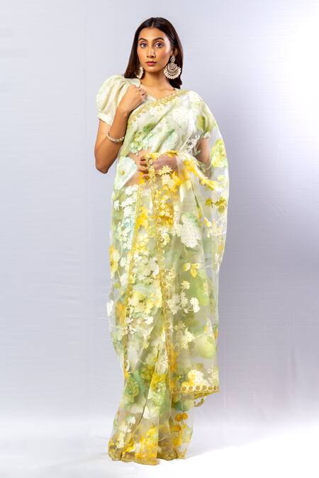 Buy_Sayisha_Yellow Organza Daffodil Embroidery Saree With Unstitched Blouse Piece_Online_at_Aza_Fashions