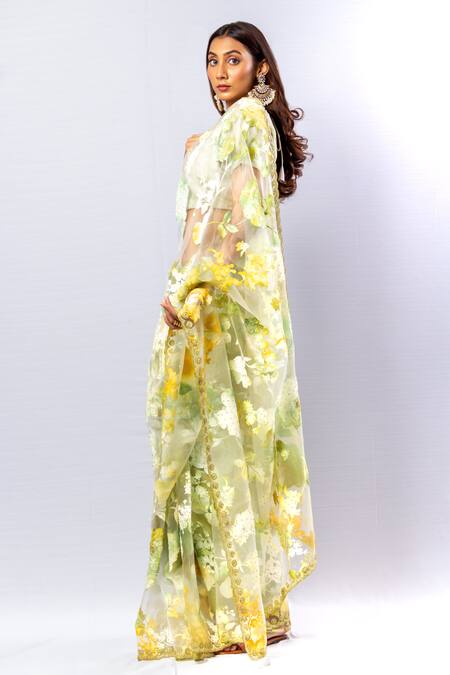Shop_Sayisha_Yellow Organza Daffodil Embroidery Saree With Unstitched Blouse Piece_Online_at_Aza_Fashions