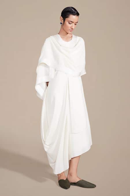 Shop Ampm Ivory Embroidery Resham Scarf at Aza Fashions Shop_Ampm_Ivory Embroidery Resham Scarf _at_Aza_Fashions