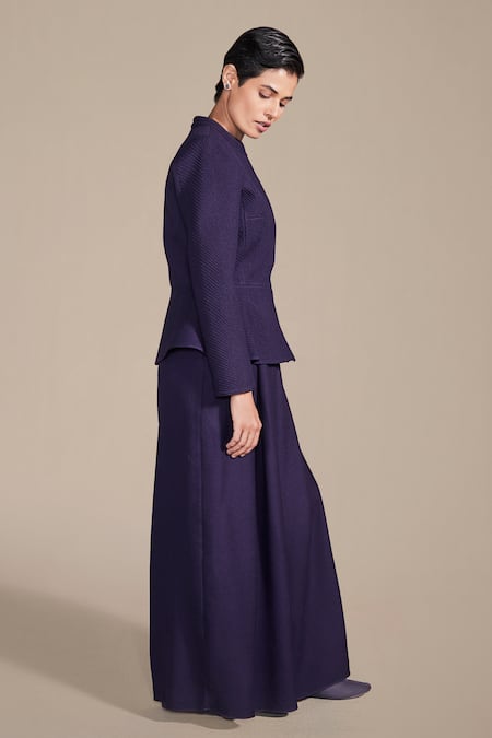 Ampm_Purple Wool Mandarin Collar Embroidered Jacket And Palazzo Set_Online_at_Aza_Fashions