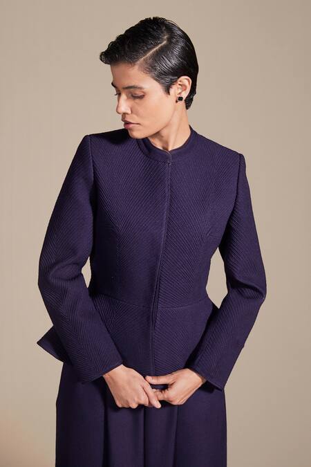 Buy_Ampm_Purple Wool Mandarin Collar Embroidered Jacket And Palazzo Set_Online_at_Aza_Fashions