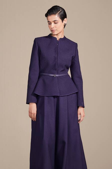 Shop_Ampm_Purple Wool Mandarin Collar Embroidered Jacket And Palazzo Set_Online_at_Aza_Fashions